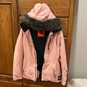 Women's Pink O’Neill Hooded Ski Jacket with removable Faux Fur Trim